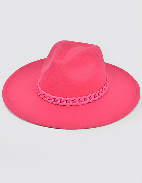 WIDE BRIM FEDORA W/CHAIN (PINK)