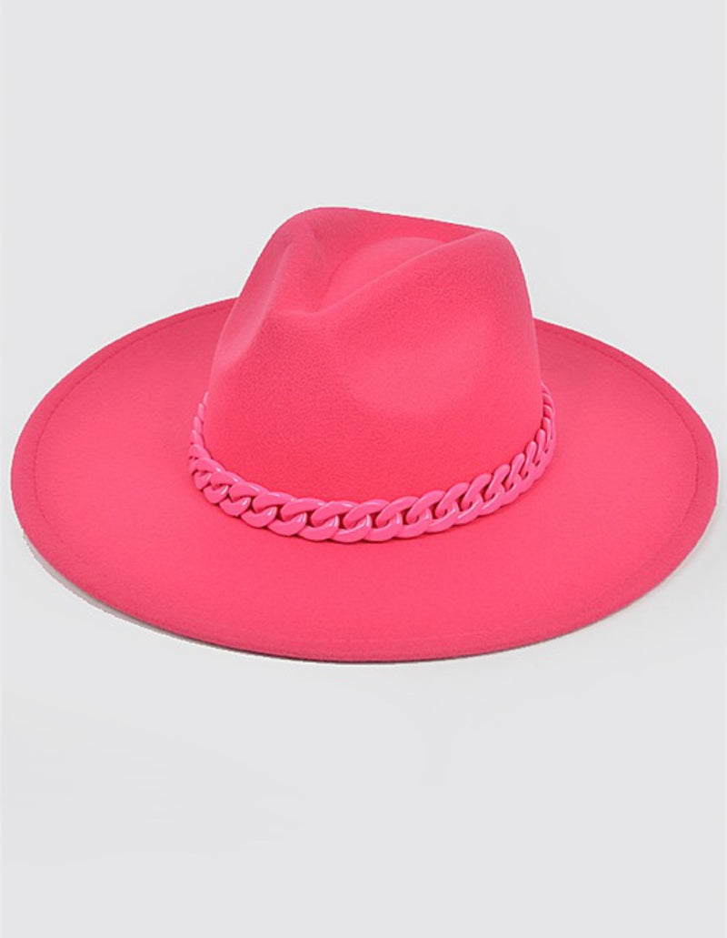 WIDE BRIM FEDORA W/CHAIN (PINK)